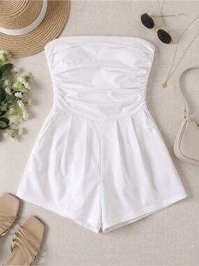 Forever 21 White Strapless Romper Dress Small Ruched Pleated Mini Pockets Lined